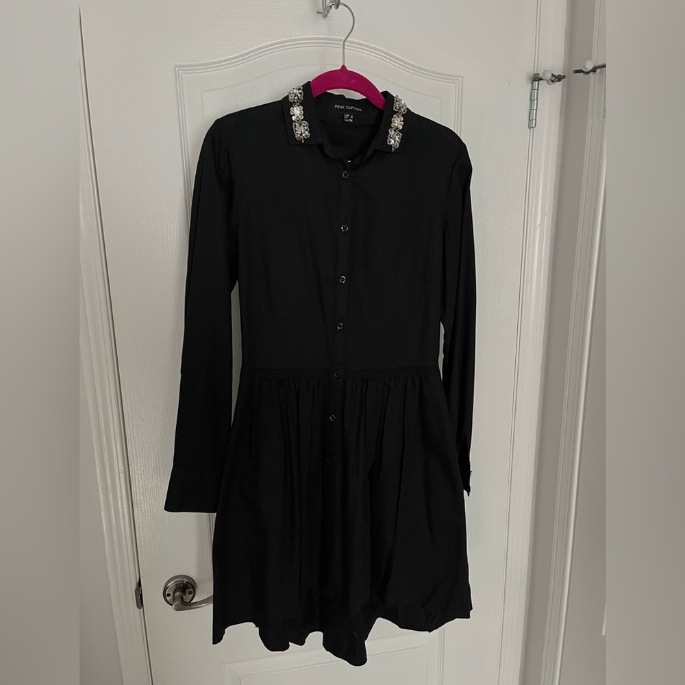 Pink Tartan Black Dress with Embellished Collar